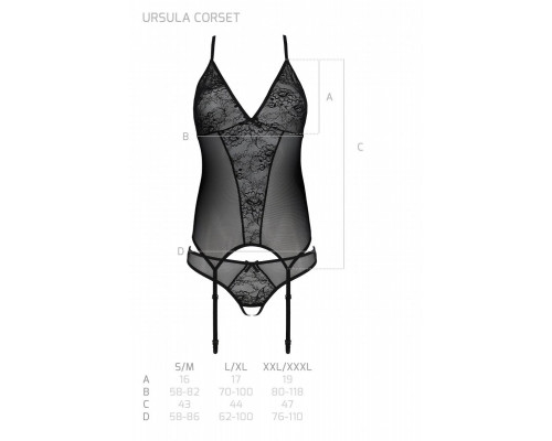 Корсет із пажами, трусики з ажурним декором та відкритим кроком Ursula Corset black S/M — Passion