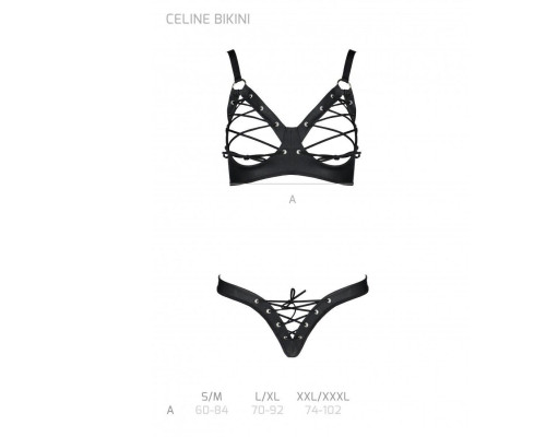 Комплект з екошкіри CELINE BIKINI black XXL/XXXL — Passion: відкритий бра зі стрічками, стрінги