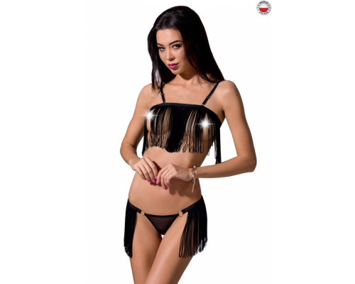 Комплект білизни KASSANDRA SET OpenBra black S/M - Passion Exclusive: ліф з бахроми, трусики-спідниц