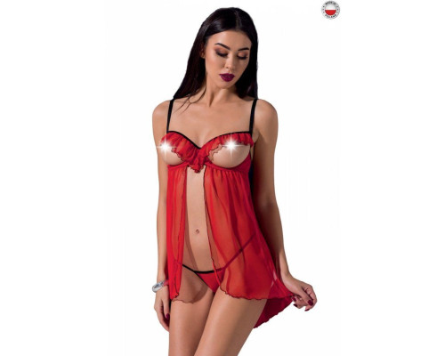 Прозорий пеньюар з відкритими грудьми CHERRY CHEMISE red XXL/XXXL - Passion Exclusive, трусики
