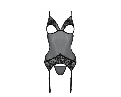Корсет із підв’язками та ажурним ліфом Christa Corset black S/M — Passion, стрінги в комплекті
