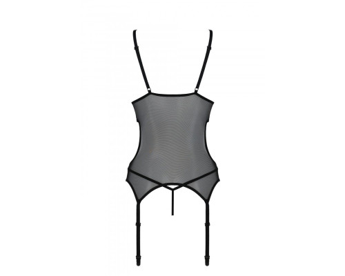 Корсет із підв’язками та ажурним ліфом Christa Corset black S/M — Passion, стрінги в комплекті