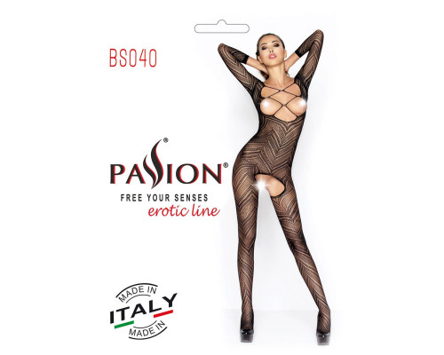 Бодистокинг Passion BS040 black, комбинезон с открытой грудью
