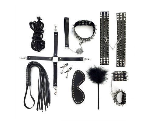 Набір Art of Sex - Spikes BDSM Set Leather, 10 предметів, натуральна шкіра, Чорний
