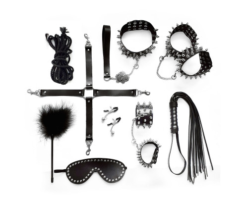 Набір Art of Sex - Spikes BDSM Set Leather, 10 предметів, натуральна шкіра, Чорний