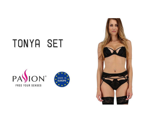 Комплект білизни TONYA SET black S/M - Passion Exclusive: трусики, ліф, пояс для панчох