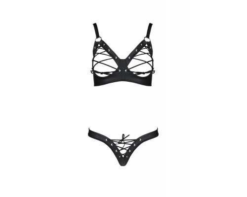 Комплект з екошкіри CELINE BIKINI 4XL/5XL — Passion: відкритий бра зі стрічками, стрінги зі шнурів