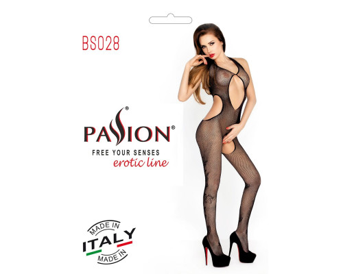 Бодистокинг Passion BS028 black, комбинезон, мелкая сеточка с цветочным рисунком на ногах