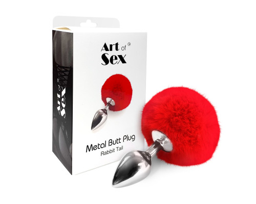 Металевий анальний затор М Art of Sex - Metal Butt plug Rabbit Tail, Червоний