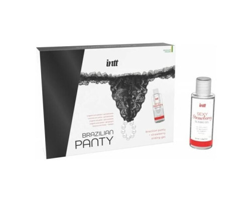 Трусики з перлинним кільцем і полуничним лубрикантом Intt BRAZILIAN PANTY BLACK