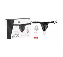 Трусики з перлинним кільцем і полуничним лубрикантом Intt BRAZILIAN PANTY BLACK