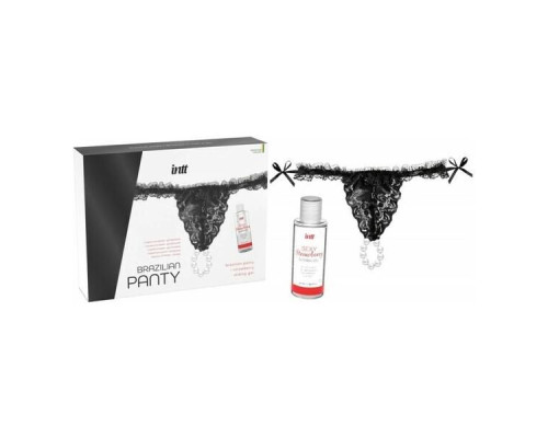 Трусики з перлинним кільцем і полуничним лубрикантом Intt BRAZILIAN PANTY BLACK