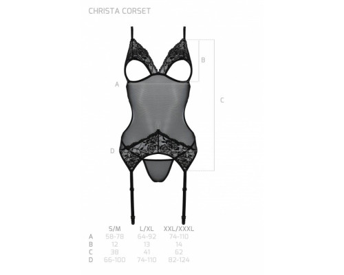 Корсет із підв’язками та ажурним ліфом Christa Corset black XXL/XXXL — Passion, стрінги в комплекті