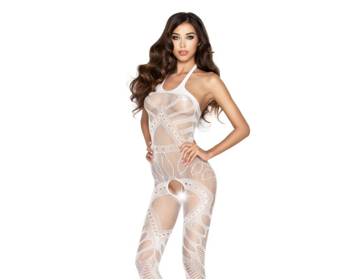 Бодистокинг Passion BS037 white, комбинезон, открытая спина, халтер