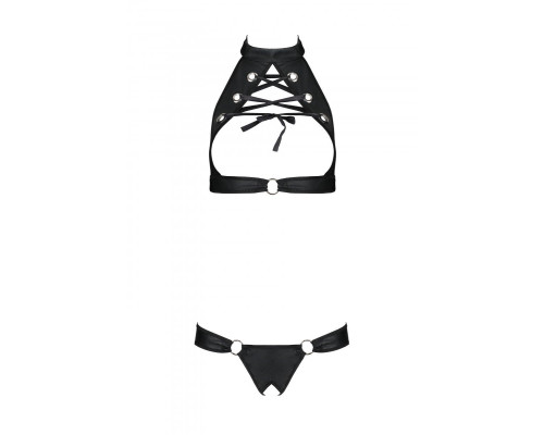 Комплект: відкритий топ та трусики з екошкіри з люверсами Malwia Set with Open Bra black S/M — Passi