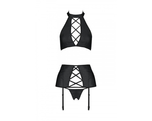 Комплект з еко-шкіри з імітацією шнурівки Nancy Set black L/XL - Passion топ, трусики та пояс для па