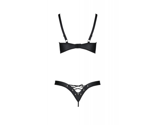 Комплект з екошкіри CELINE BIKINI 6XL/7XL — Passion: відкритий бра зі стрічками, стрінги зі шнурів