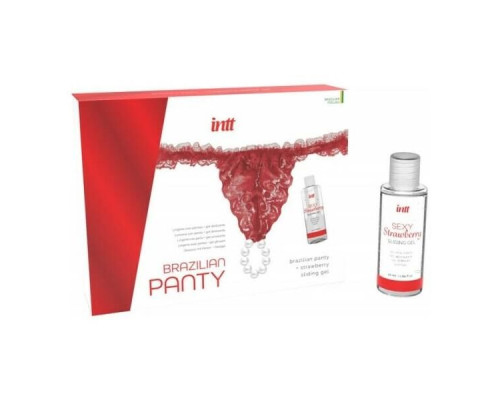 Трусики з перлинним кільцем і полуничним лубрикантом Intt BRAZILIAN PANTY RED