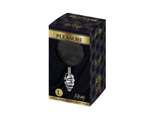 Металева анальна пробка Кролячий хвостик Alive Fluffy Twist Plug L Black, діаметр 3,8 см