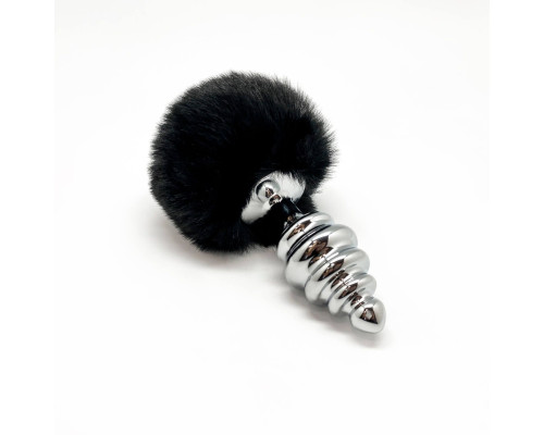 Металева анальна пробка Кролячий хвостик Alive Fluffy Twist Plug L Black, діаметр 3,8 см