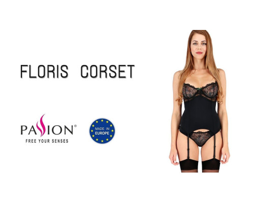 Корсет з пажами FLORIS CORSET black S/M - Passion Exclusive, трусики