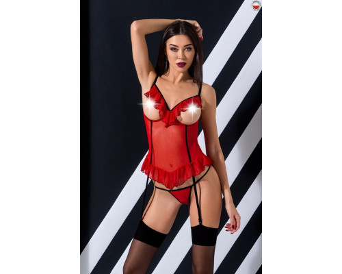 Корсет з відкритими грудьми CHERRY CORSET red XXL/3XL -Passion Exclusive, трусики, пажі, стрепи, обо