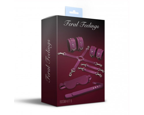 Набор Feral Feelings BDSM Kit 5 Burgundy, наручники, поножи, коннектор, маска, паддл