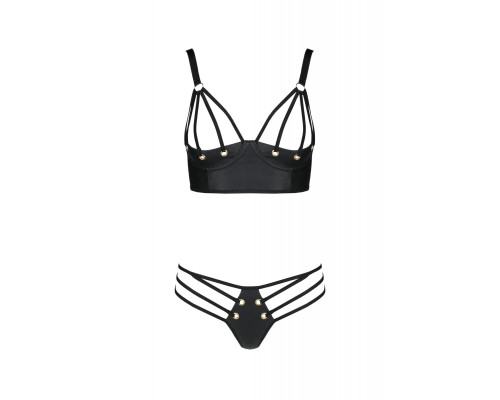 Комплект з екошкіри з люверсами та ремінцями Malwia Bikini black 4XL/5XL — Passion, бра та трусики