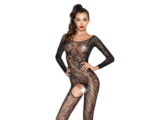 Бодистокинг Passion BS042 black, комбинезон, длинный рукав, закрытое плечо
