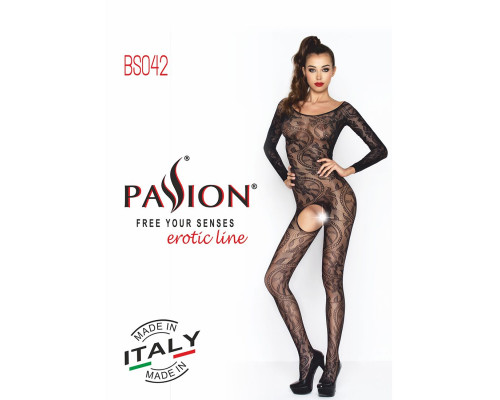 Бодистокинг Passion BS042 black, комбинезон, длинный рукав, закрытое плечо