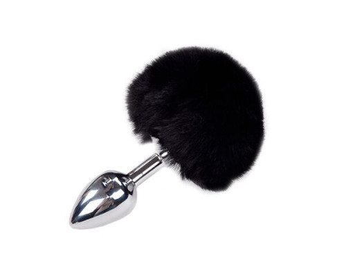 Металева анальна пробка Кролячий хвостик Alive Fluffy Plug S Black, діаметр 2,8 см