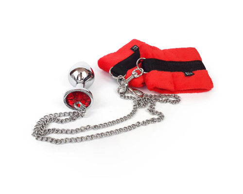 Наручники з металевою анальною пробкою Art of Sex Handcuffs with Metal Anal Plug size M Red