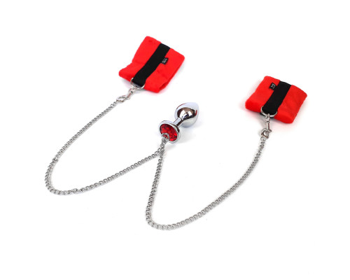 Наручники з металевою анальною пробкою Art of Sex Handcuffs with Metal Anal Plug size M Red