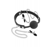Кляп з силіконовою кулькою і зажимами для сосків Fetish Tentation Gag Ball with Nipple Clamps