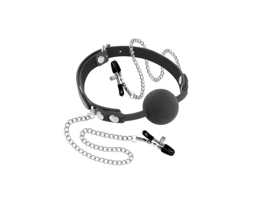 Кляп з силіконовою кулькою і зажимами для сосків Fetish Tentation Gag Ball with Nipple Clamps