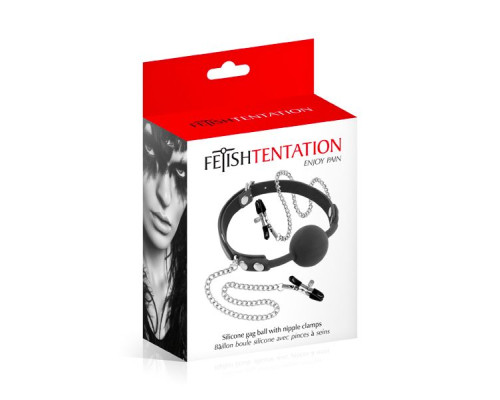 Кляп з силіконовою кулькою і зажимами для сосків Fetish Tentation Gag Ball with Nipple Clamps