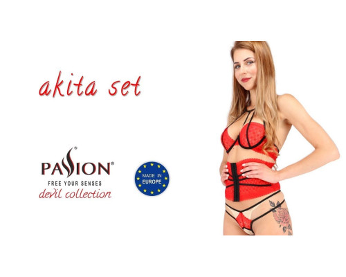Комплект білизни AKITA SET red S/M - Passion Exclusive: широкий пояс, ліф, стрінги