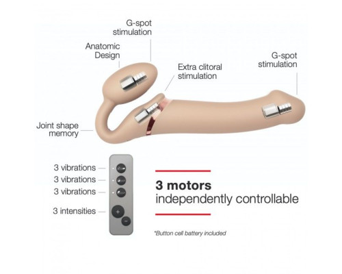 Безремневой страпон с вибрацией Strap-On-Me Vibrating Flesh L, диаметр 3,7см, пульт ДУ, регулируемый