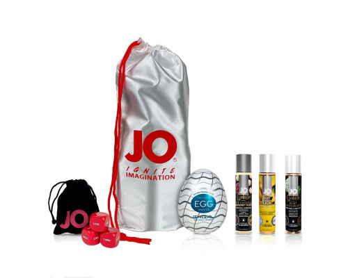 Набір для двох «Полуниця в шоколаді»: 3 змазки зі смаком System JO, яйце-мастурбатор, кубик із позам